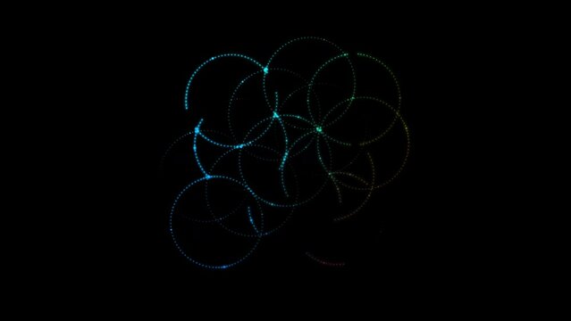 Flower of life made of small neon blinking dots isolated on black background. Sacred geometry. 4k loop video animation.
