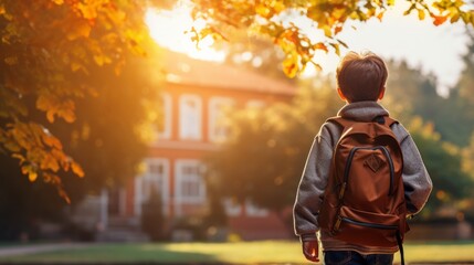Child with backpack returning to school. Boy with brown backpack and gray sweatshirt, back on his way to school.
