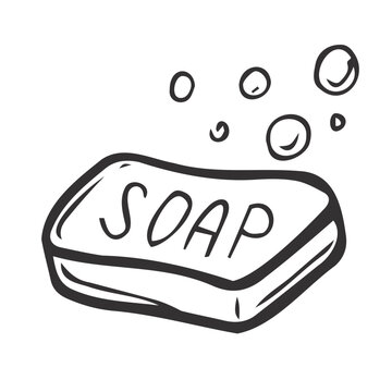 recommend clip art: Soap with foam and bubbles isolated on white background. A body wash and personal hygiene product. Vector hand-drawn illustration in doodle style. Perfect for cards, decorations, logo, various design