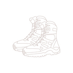 Footwear. Drawn elements for camping and hiking. Wilderness survival, travel, hiking, outdoor recreation, tourism.