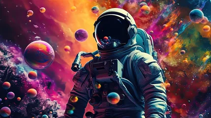 Beautiful painting of an astronaut in in a colorful bubbles galaxy on a different planet pop art concept, generative ai © Creative Station