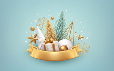 Festive Christmas 3d realistic Background. Gold, white Christmas Tree Decorations. Elements for Design Christmas card, poster, banner. Vector Illustration