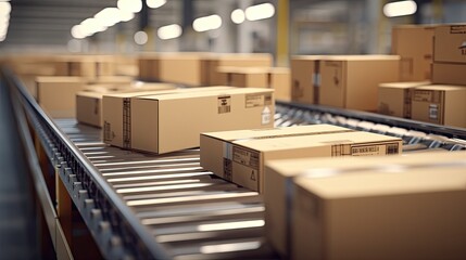 Closeup of multiple cardboard box packages seamlessly moving along a conveyor belt in a warehouse fulfillment center a snapshot of e commerce delivery automation and products, generative ai
