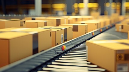 Closeup of multiple cardboard box packages seamlessly moving along a conveyor belt in a warehouse fulfillment center a snapshot of e commerce delivery automation and products, generative ai