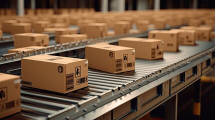 Closeup of multiple cardboard box packages seamlessly moving along a conveyor belt in a warehouse fulfillment center a snapshot of e commerce delivery automation and products, generative ai