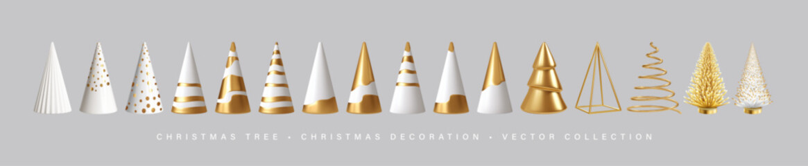 3d Gold White Realistic Christmas Trees Isolated on Background. Christmas decoration for Postcard, Poster, Banner, Website. Vector Illustration
