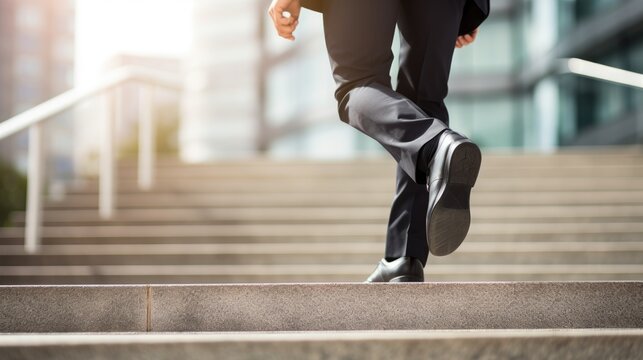 Close up young businessman feet sprinting up stairs office middle image, generative ai