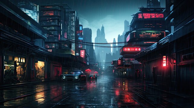 Cyberpunk streets illustration futuristic city dystoptic artwork at night 4k wallpaper rain foggy moody empty future, generative ai