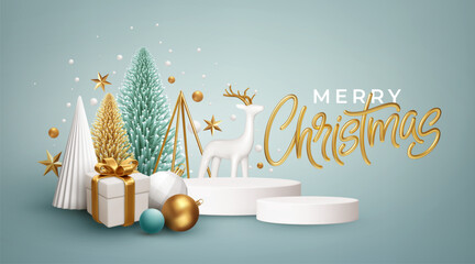 Festive Christmas 3d realistic Background. Gold, white Christmas Tree Decorations. Elements for Design Christmas card, poster, banner. Vector Illustration