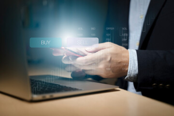 Fototapeta premium Business finance technology and investment concept. Stock Market Investments Funds and Digital Assets. businessman analyzing forex trading graph financial data. Business finance background.