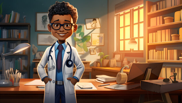 illustration of a young doctor in his office morning light through the window, in the style of worked clay 