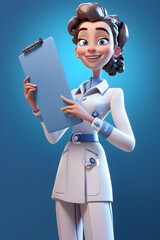 illustration of a modern doctor holding a clip board and smiling, in the style of worked 3d clay play dough on a blue background 