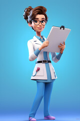 illustration of a young doctor holding a clip board and smiling, in the style of worked 3d clay play dough on a blue background 