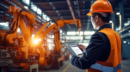 Engineer manager monitors and controls robot arm automation in smart factories in real time monitoring system software welding robots and digital manufacturing operations, generative ai