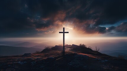 Holy cross symbolizing the death and resurrection of Jesus Christ with the sky over Golgotha hill is shrouded in light and clouds, generative ai