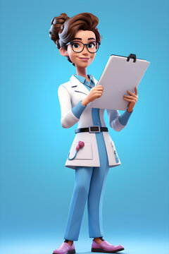 illustration of femail doctor holding paperwork wearing glasses, on a blue background 