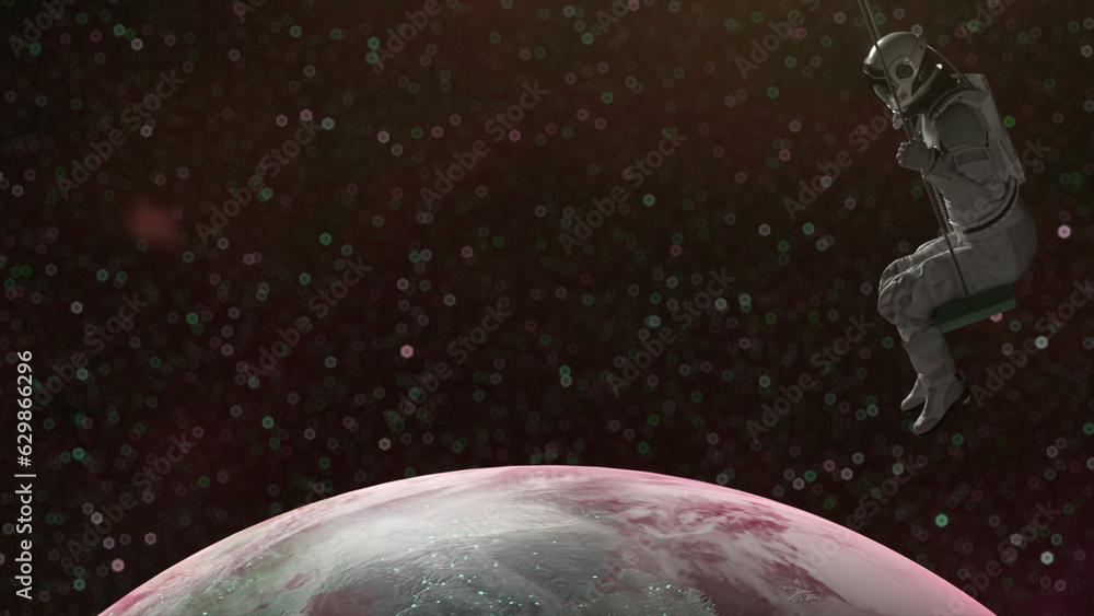 Poster astronaut swings on a rope swing in the open space. moon below. starry sky on background. 3d illustr