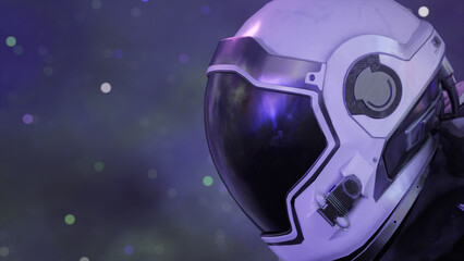 Astronaut in space. Astronaut helmet close up. Universe and outer space in the background. 3d illustration