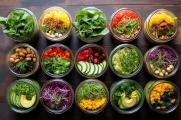 overhead shot of vegan meal prep salads in mason jars