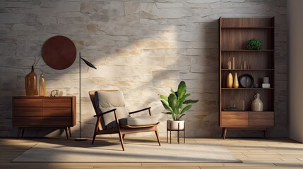interior dresser lounge chair wall wood, generative ai
