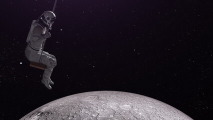 Space concept. Astronaut swing on the background of space. Moon below. Gravity. Surrealism. Starry sky. 3d illustration