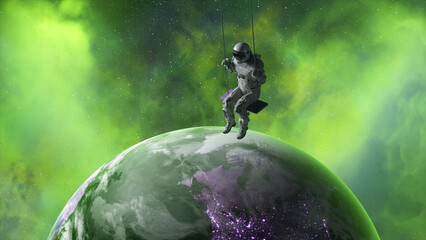 Space concept. Astronaut Swinging. Green neon clouds in the background. Cosmonaut isolated silhouette. 3d illustration