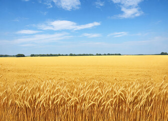 Fototapeta premium Field with wheat. Blue sky. Road