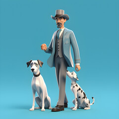 illustration of a detective in a top hat with his dog old fashioned gentleman in a three piece suit. 