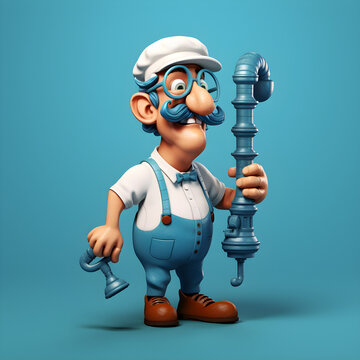 illustration of a plumber in the style of mario holding a pipe, wearing white cap