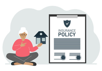 Naklejka premium A woman holds in his hands at home next to a large insurance contract. Home and real estate insurance concept.