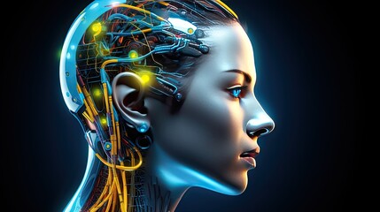 Obraz premium Side view of a humanoid head with blue and yellow eyes and vibrant neon neural network representing futuristic technology and artificial intelligence, generative ai