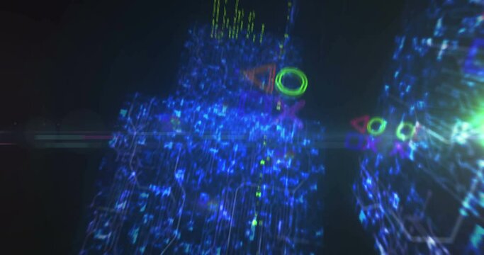 Joystick gaming console video play and cyber esports symbol abstract cyber concept. Digital technology background seamless and loopable dynamic 3d animation.