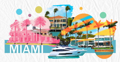Obraz premium Luxurious mansion in Miami Beach, florida, U.S.A Creative contemporary art collage or design.
