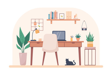 Cozy home interior design concept. Workplace interior. Vector illustration in flat style