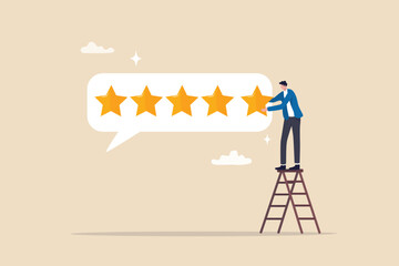 5 stars rating feedback, customer satisfaction, comment or giving product review, best reputation or ranking, assessment, excellent award concept, customer or client giving five stars feedback review. - obrazy, fototapety, plakaty