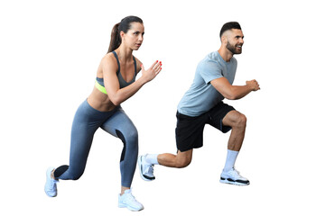 Attractive sport couple doing fitness on a transparent background