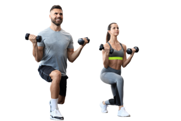 Attractive sports people are working out with dumbbells on a transparent background