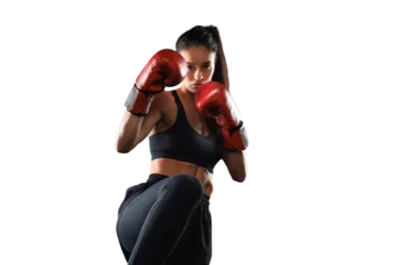 Foto op Aluminium Kickboxing woman in activewear and red kickboxing gloves on a transparent background performing a martial arts kick. Sport exercise, fitness workout. © ty