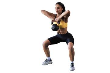 Sport woman with kettlebell on a transparent background