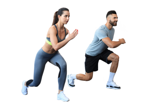 Attractive sport couple doing fitness on a transparent background
