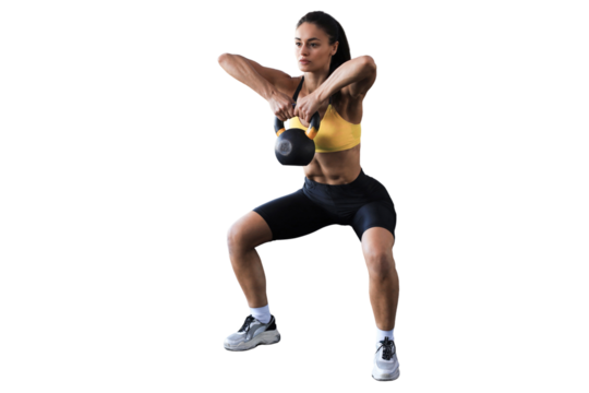 Sport woman with kettlebell on a transparent background