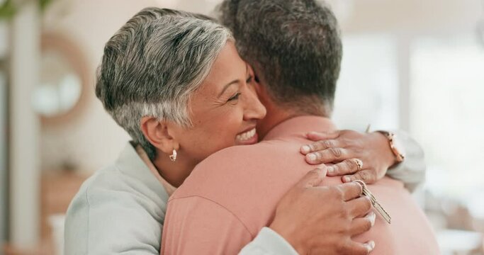 Senior couple, hug and smile in home for love, care and relax for bond, support and trust. Face, happy woman and embrace man for quality time, retirement and commitment to partner in relationship
