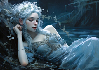  blue hair elven queen sleeping by lake in  elven forest - 629868225