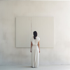 Woman in white clothes standing infront of wall with huge blank canvas. Decoration, gallery, home decor, mock up. AI generative, illustratio