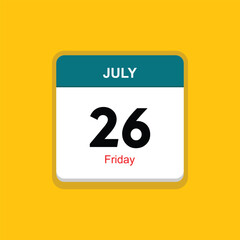 friday 26 july icon with yellow background, calender icon