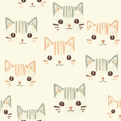 Cute Cat heads seamless vector pattern. Cute hand drawn kitten faces.