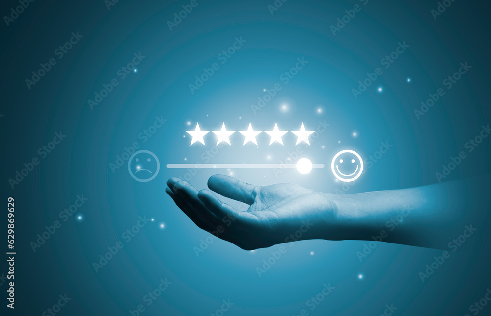 Poster hand holding glowing five stars with smile face icon from client excellent evaluation after use prod