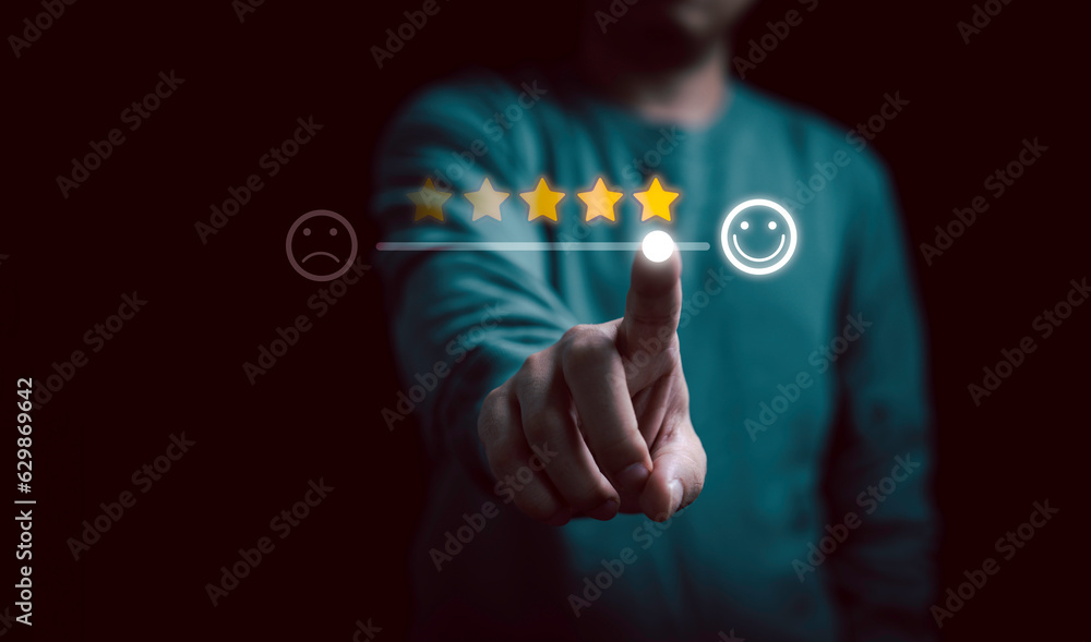 Poster businessman hand slide survey bar of glowing five stars with smile face icon from client excellent e