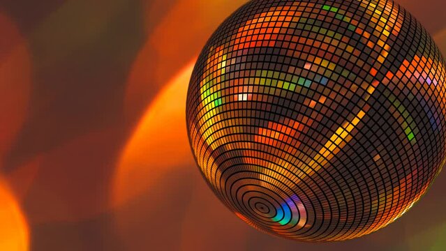 One glossy disco ball spins on the bright orange brown background 3D 4K looped animation and copy space