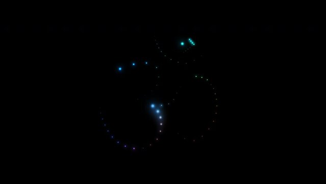 The OM symbol with gradient, isolated on a black background and smoothly looming from a multitude of glowing blue neon dots. 4k loop video animation 60 fps.